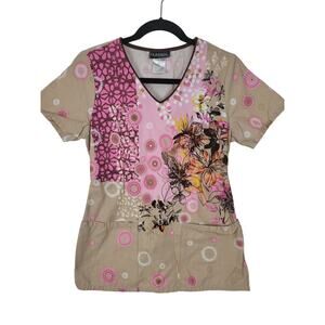 Runway By Cherokee Medical Scrub Top XS Womens Multicolor Short Sleeve V Neck